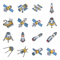 Colorful collection of spacecraft and space exploration vehicles. © ahmad