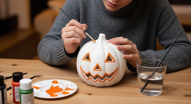 Person Painting a White Pumpkin for Halloween
