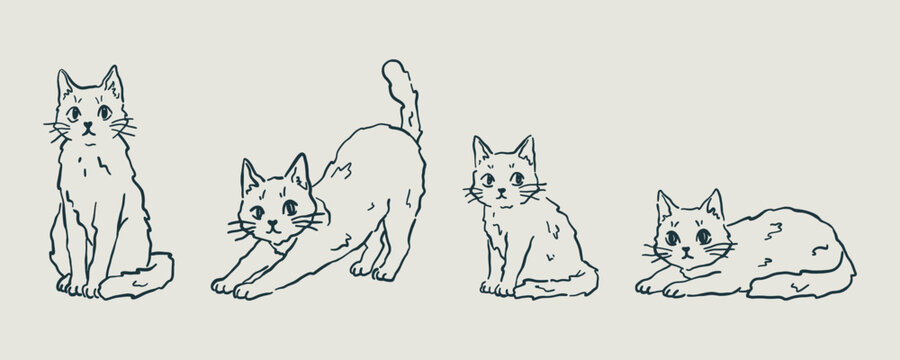 Hand drawn set of four cats in different poses, featuring sitting, stretching and lying poses. Minimalist line art illustration for pet, animal and feline themed designs.