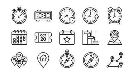 Fototapeta premium Collection of hand drawn black and white icons representing time and travel concepts.
