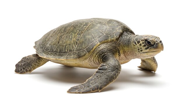 A detailed green sea turtle isolated on a white background.