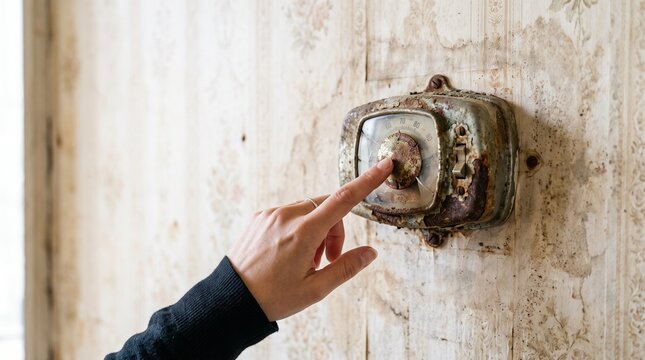 Hand pointing at old rusty thermostat on decayed wallpapered wall