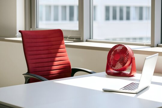 Roter Ventilator und Laptop an einem leeren B&uuml;roarbeitsplatz bei Sommerhitze