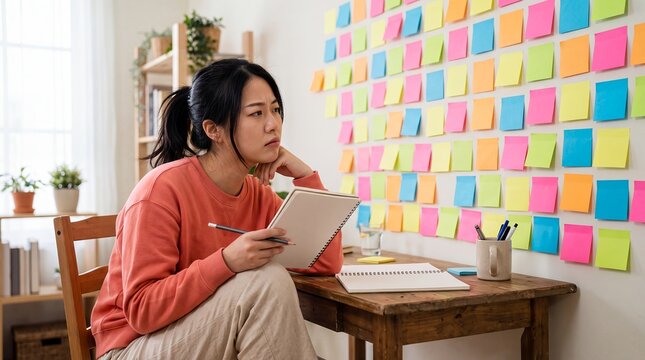 student planning sticky notes desk university stress overwhelmed anxiety organization reviews a wall of tasks for workload management decision fatigue productivity and academic support campaigns