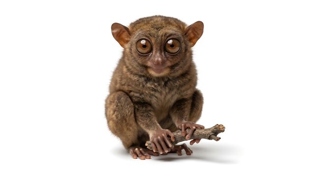 A small tarsier primate sitting on a wooden branch isolated on white background.