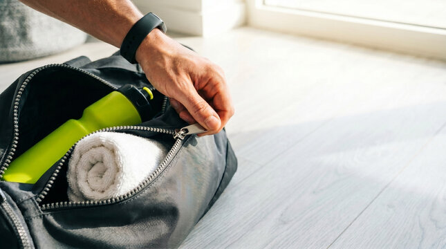 Man opening zipper a gym bag with a towel and a sports water bottle