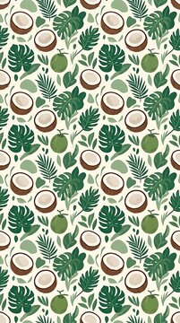 Seamless tropical pattern with coconuts and monstera leaves