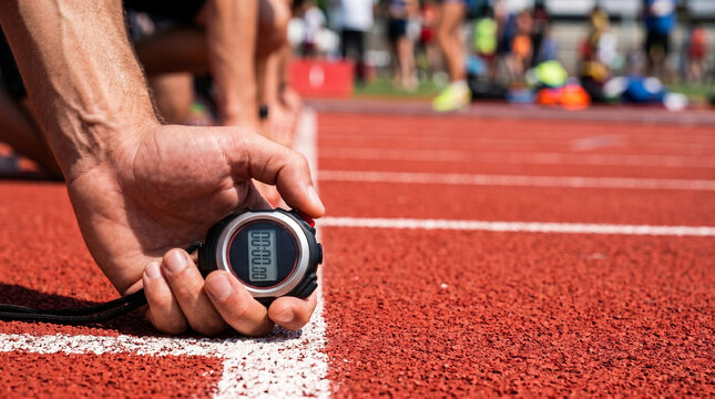 Runner Checking Stopwatch Timer Held by Hand at Starting Line of Running Track