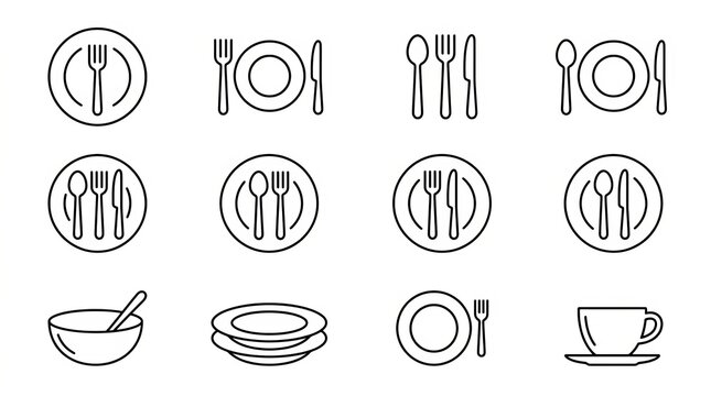 Set of black and white kitchen utensils and dining icons illustration.