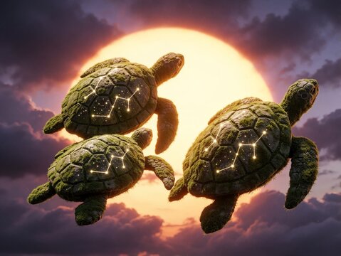 Surreal Fantasy Scene of Giant Mossy Turtles Flying Against a Large Golden Sunset Sun
