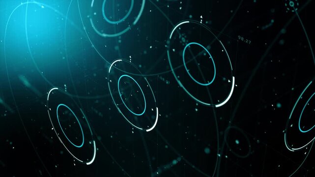 Futuristic abstract background glowing blue circular elements, flowing lines and floating particles in a dark futuristic digital environment 