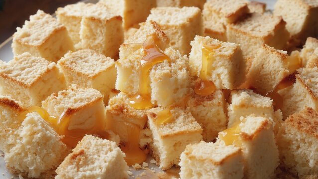 Cubed sponge cake with honey drizzle