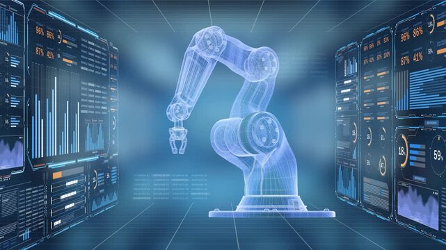 Futuristic industrial robot arm visualization with real-time dashboard analytics, monitoring production, efficiency, temperature, vibration, energy, and machine parameters for smart factory management