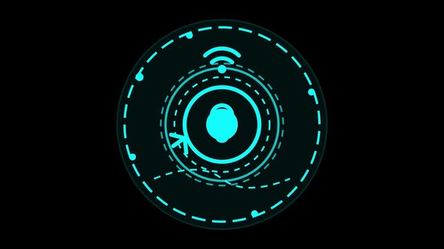 Futuristic cyber security lock icon with glowing teal HUD interface elements and digital network scanner design for high-tech concepts