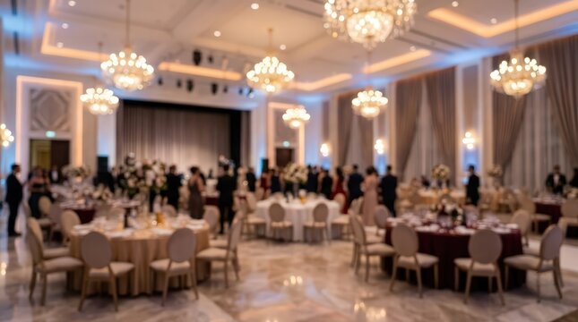 soft focus bokeh of an elegant ballroom with crystal chandeliers and formal dinner tables