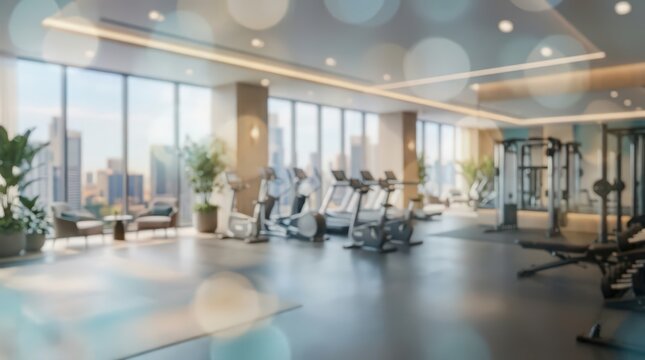 blurred high-end fitness center interior, modern gym equipment with city skyline view through floor-to-ceiling windows, soft bokeh lighting effects