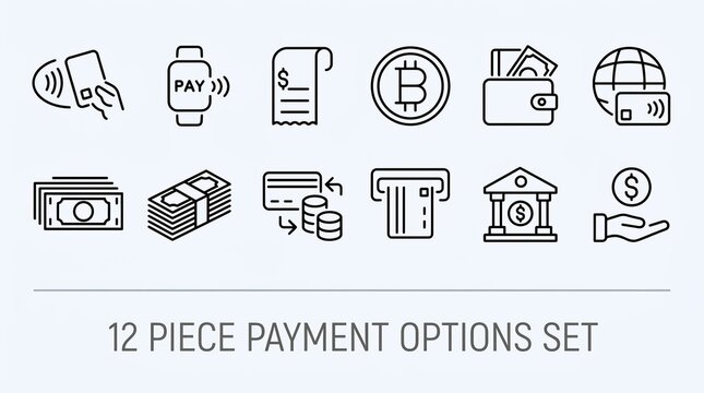 Collection of twelve common payment method icons for financial transactions.