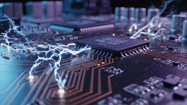 Closeup of a complex computer motherboard circuit board with glowing lines and electrical sparks, representing technology and data transfer, for digital innovation and cybersecurity themes