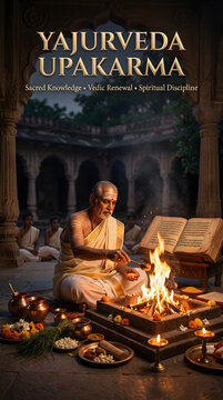Elder brahmin performing yajurveda upakarma ritual with vedic fire ceremony with holy fire