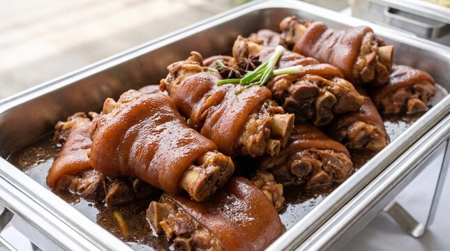 Thai Chinese style braised pork trotters in sweet soy sauce stewed in catering stainless chafing dish.