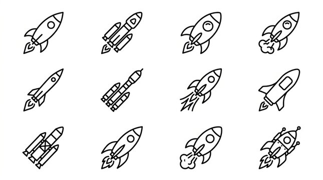 Collection of hand drawn colorful rocket ships and space vehicles illustration set.
