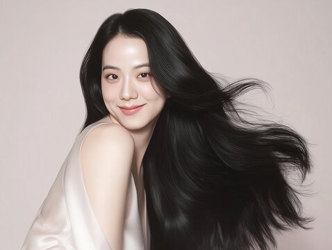 Korean woman with glossy black long hair. Female Asian model with radiant light brunette and beautiful hair for hair care, skin care advertisements and hair salon.