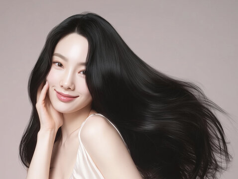 Korean woman with glossy black long hair. Female Asian model with radiant light brunette and beautiful hair for hair care, skin care advertisements and hair salon.