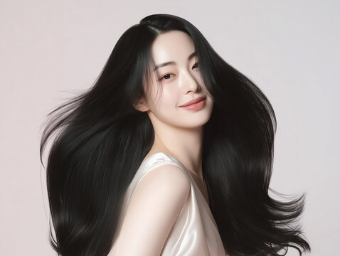 Korean woman with glossy black long hair. Female Asian model with radiant light brunette and beautiful hair for hair care, skin care advertisements and hair salon.