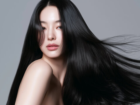 Korean woman with glossy black long hair. Female Asian model with radiant light brunette and beautiful hair for hair care, skin care advertisements and hair salon.
