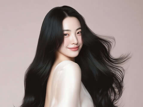 Korean woman with glossy black long hair. Female Asian model with radiant light brunette and beautiful hair for hair care, skin care advertisements and hair salon.