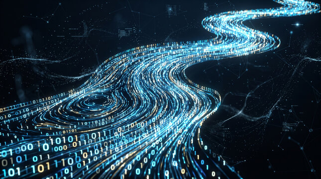 Abstract Digital Data Stream Wave with Glowing Binary Code Flow