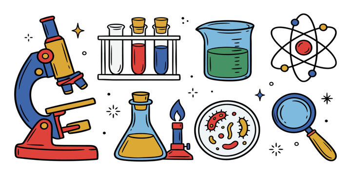 Vibrant science laboratory icons set featuring microscope beaker and research tools