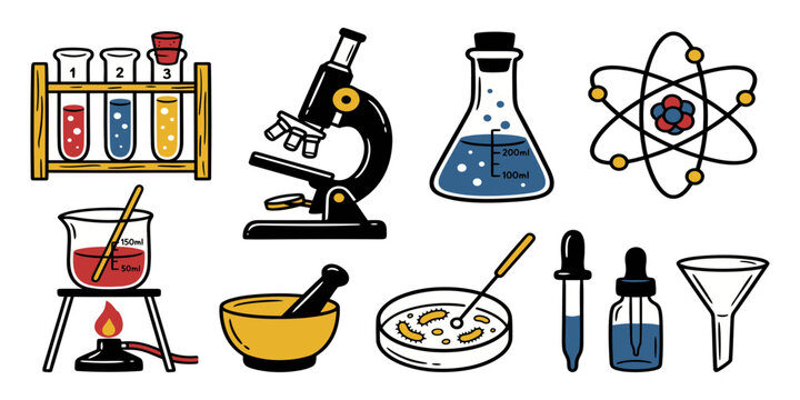 Vibrant Hand-Drawn Science Lab Tools and Equipment Icons Collection for Research and Education