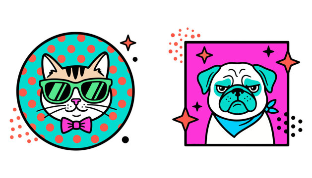 Colorful Pop Art Portraits Featuring a Stylish Cat with Sunglasses and a Grumpy Pug Dog