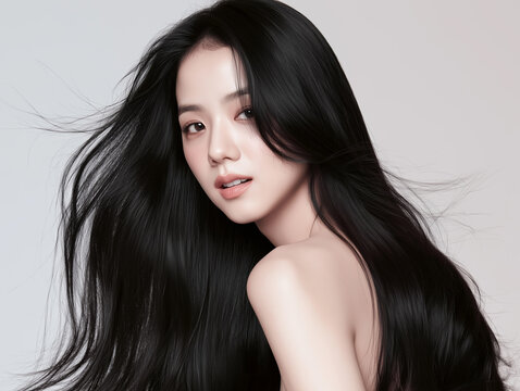 Korean woman with glossy black long hair. Female Asian model with radiant light brunette and beautiful hair for hair care, skin care advertisements and hair salon.