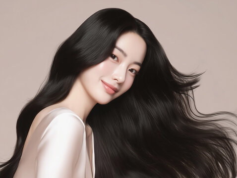 Korean woman with glossy black long hair. Female Asian model with radiant light brunette and beautiful hair for hair care, skin care advertisements and hair salon.