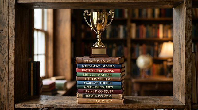 Golden trophy on stack of colorful books in study.
