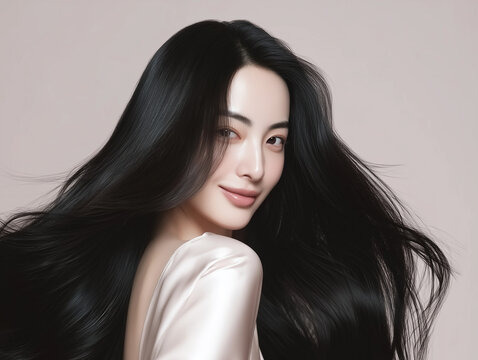 Korean woman with glossy black long hair. Female Asian model with radiant light brunette and beautiful hair for hair care, skin care advertisements and hair salon.