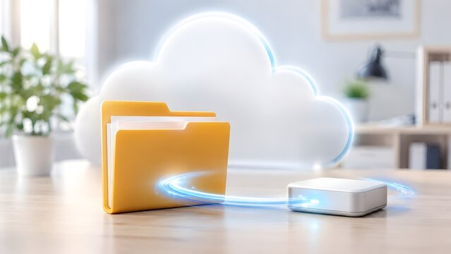 Yellow document folder transferring digital files to external hard drive with glowing cloud storage icon on modern office desk