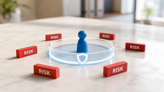 Blue human figure protected by glowing digital shield from surrounding red risk blocks illustrating business security and risk management