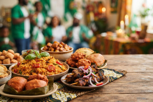 Nigerian food spread for Independence Day with Jollof rice, suya, snacks, and family celebration.