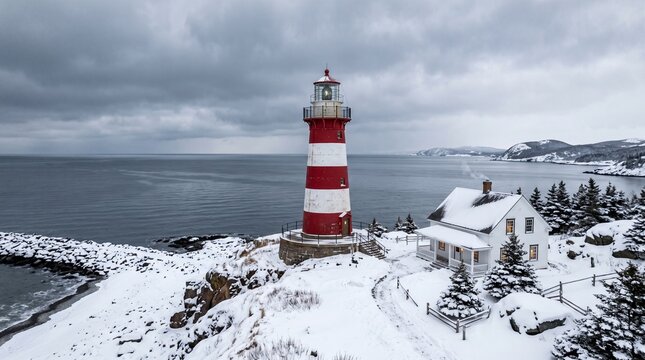 Red and white lighthouse in snowy coastal town at dusk