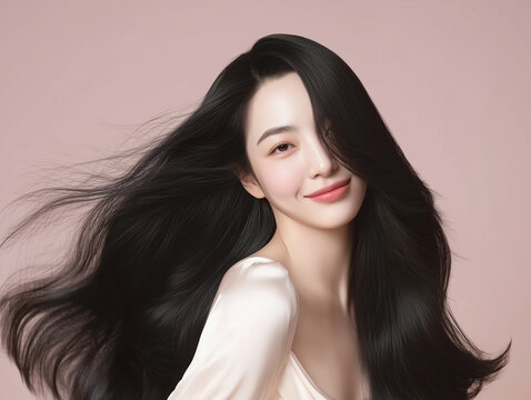 Korean woman with glossy black long hair. Female Asian model with radiant light brunette and beautiful hair for hair care, skin care advertisements and hair salon.
