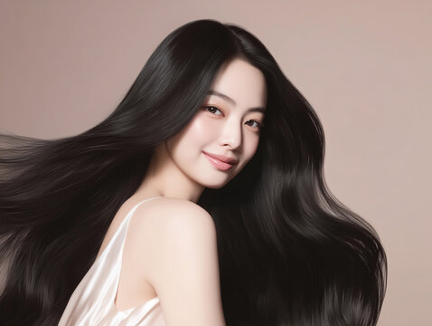 Korean woman with glossy black long hair. Female Asian model with radiant light brunette and beautiful hair for hair care, skin care advertisements and hair salon.