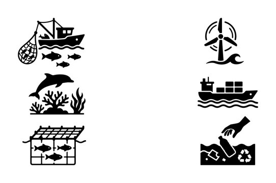 Marine Ecosystem Icons: Fishing, Aquaculture, Wind Energy, Shipping, Pollution Control