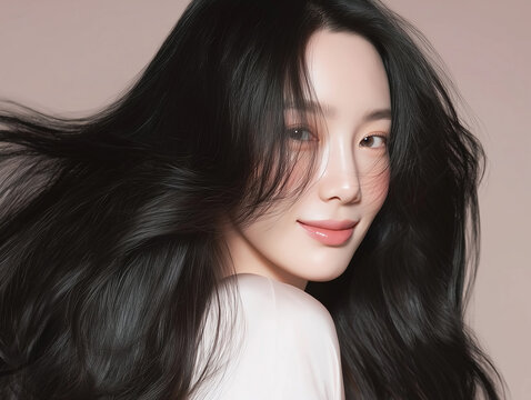 Korean woman with glossy black long hair. Female Asian model with radiant light brunette and beautiful hair for hair care, skin care advertisements and hair salon.