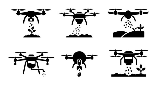 Drone Agriculture Icons Set, Precision Farming Technology, Smart Farming Drones, Crop Spraying Vector