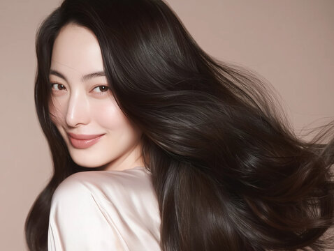 Korean woman with glossy black long hair. Female Asian model with radiant light brunette and beautiful hair for hair care, skin care advertisements and hair salon.