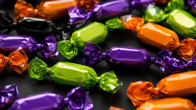 Halloween candy wrapped in shiny colorful foil on black background. Assorted sweets for trick or treat celebration.