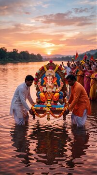 Indian men carrying Ganesha idol for immersion in river during sunset. Hindu devotees celebrating Ganesh Chaturthi festival. Ritual tradition of water submersion and religious ceremony.